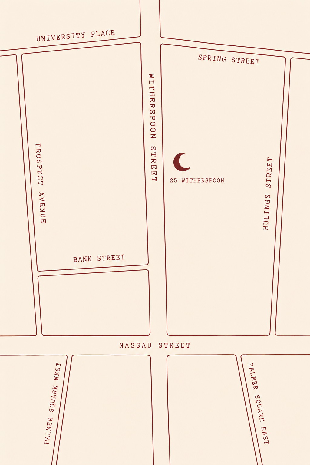 A hand-drawn map of downtown Princeton showing 25 Witherspoon Street.